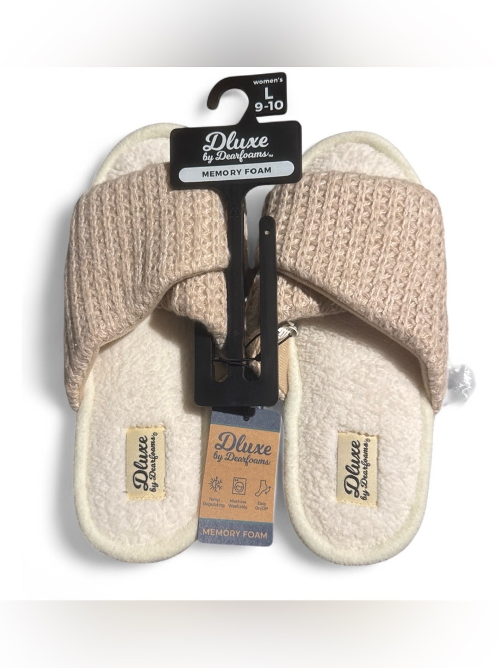 Dluxe Beige Knit Memory Foam Slide Slippers Size Large 9-10 with free socks